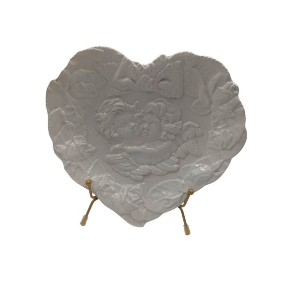 Vintage Italian White Ceramic Heart-Shaped Decorative Plate With Embossed Cherub - Picture 2 of 8